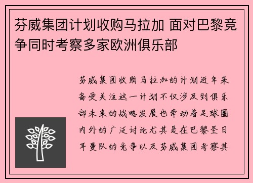 芬威集团计划收购马拉加 面对巴黎竞争同时考察多家欧洲俱乐部