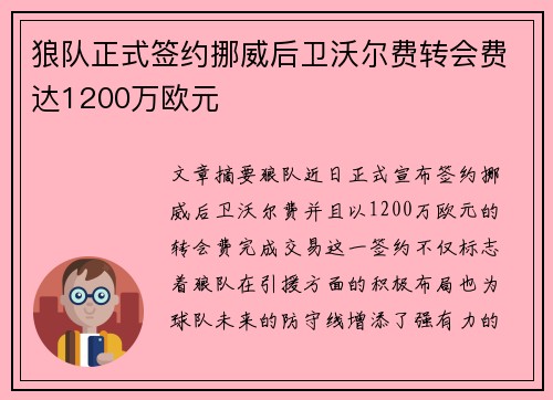 狼队正式签约挪威后卫沃尔费转会费达1200万欧元
