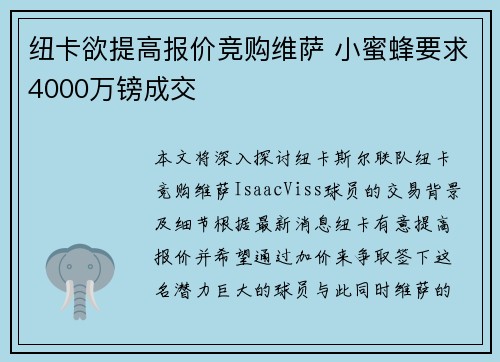 纽卡欲提高报价竞购维萨 小蜜蜂要求4000万镑成交