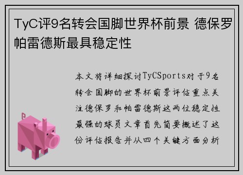 TyC评9名转会国脚世界杯前景 德保罗帕雷德斯最具稳定性
